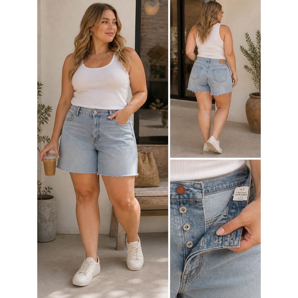 Madewell Curvy Relaxed Denim Shorts W32 NWT High Rise Raw Hem Light Wash